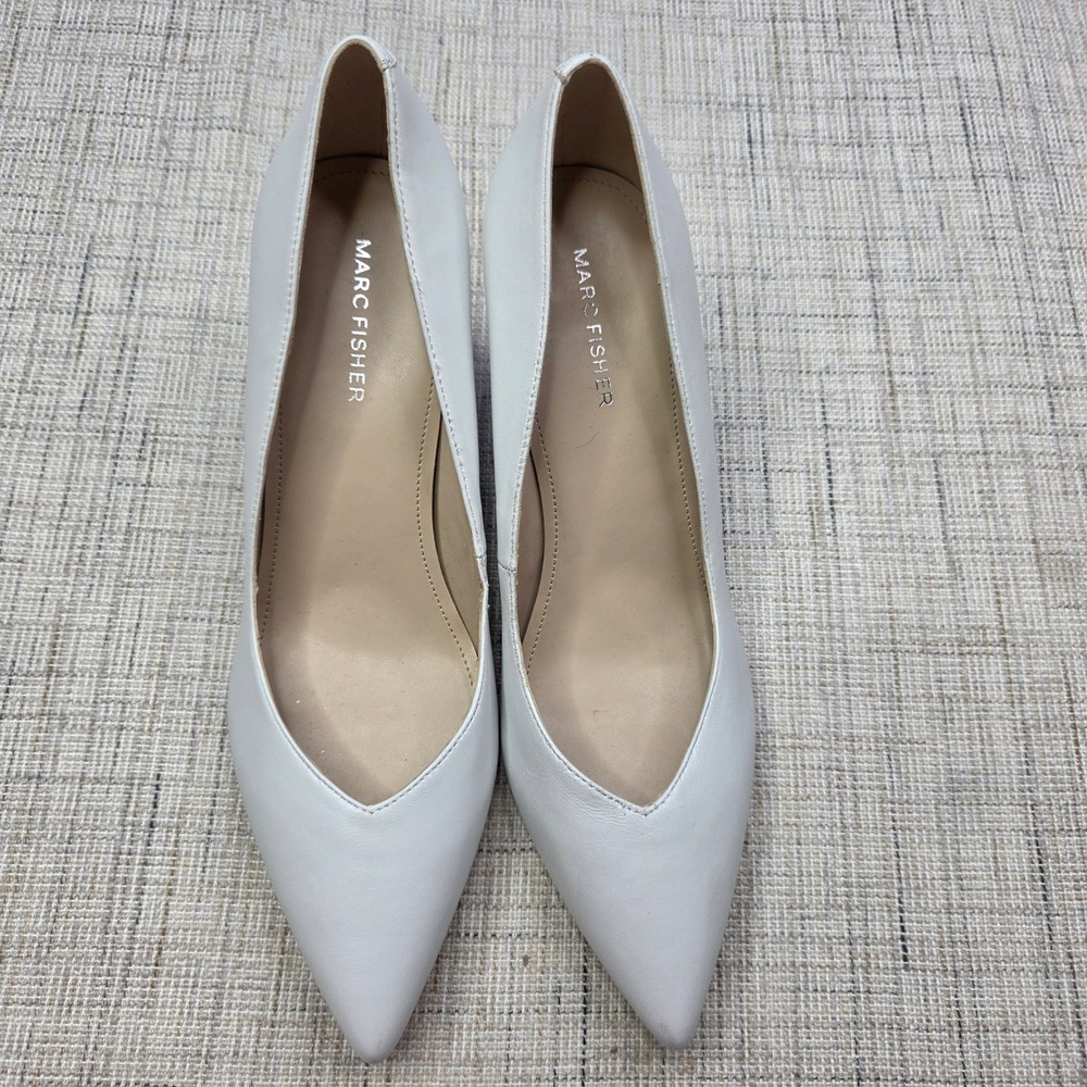 Marc Fisher Caitlin White Leather Pointed Toe Block Heel Pumps Womens 9M